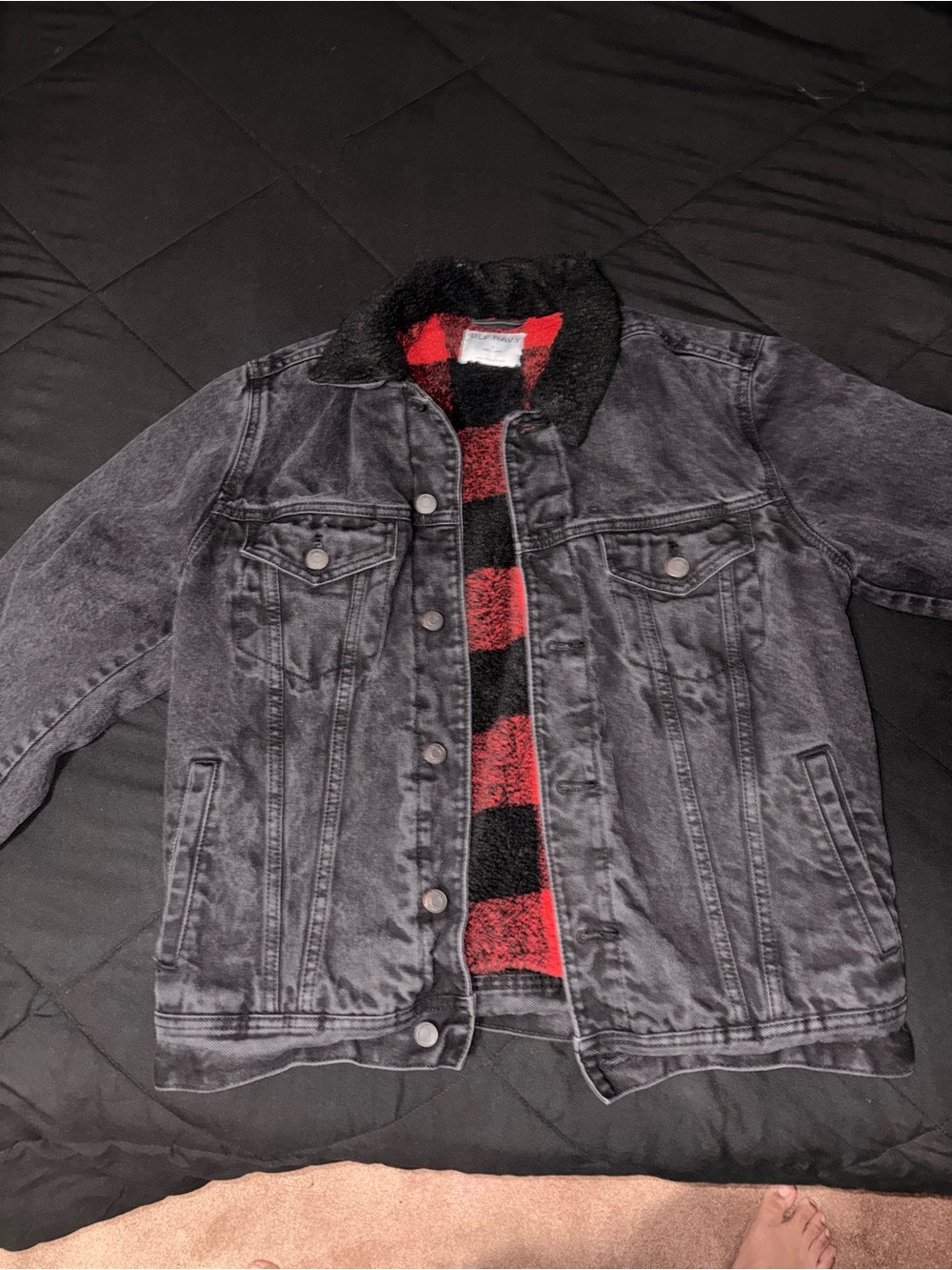 Old Navy-Black Washed Denim Sherpa Jacket with Red & Black Plaid Lining